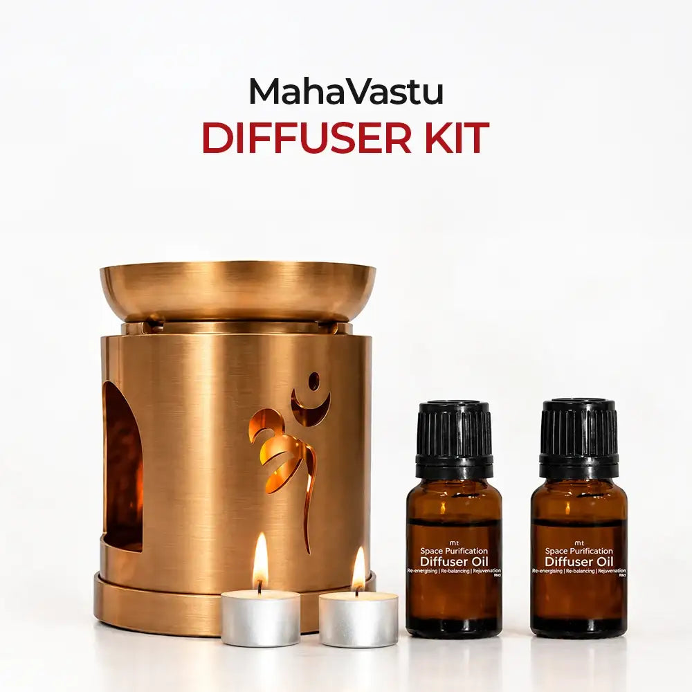 MahaVastu Remedies Diffuser Kit with brass burner, tea light candles, and purification oils.