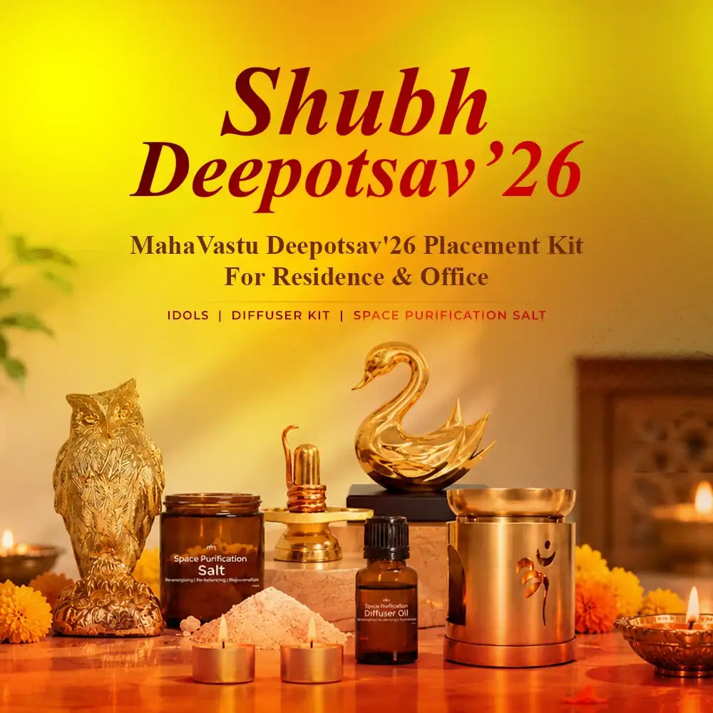 MahaVastu Remedies Deepotsav'26 Placement Kit with golden owl and swan idols, diffuser, and salt.