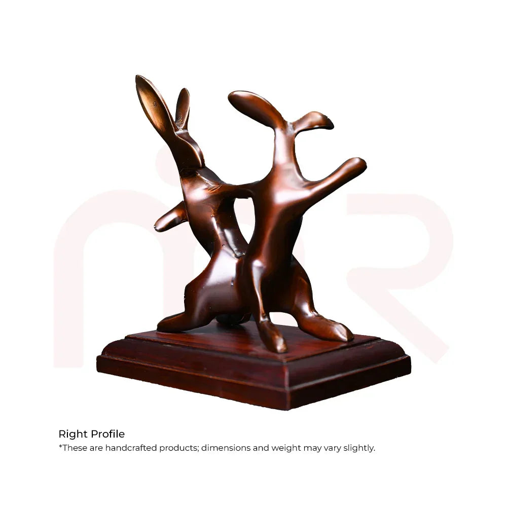 Handcrafted bronze rabbit pair statue on wooden base, Vastu remedy home decor