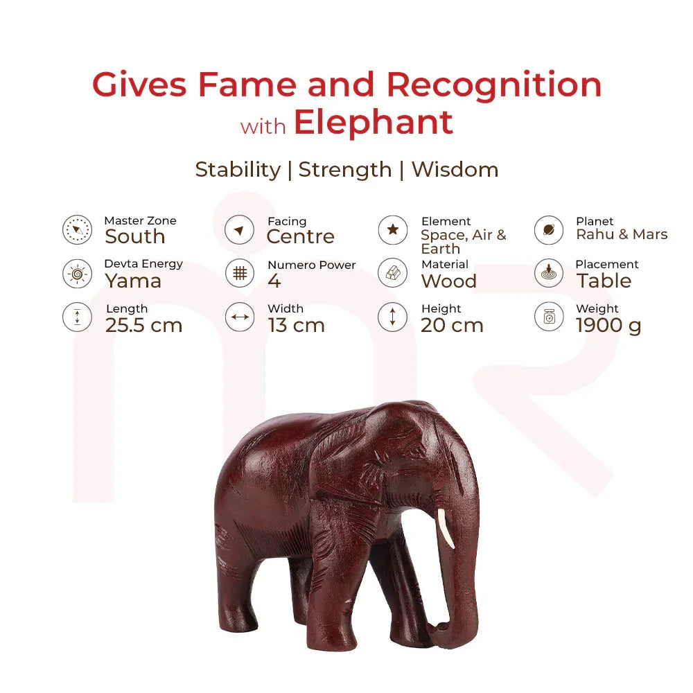 Red wooden elephant figurine for Vastu, promotes fame and recognition, with product specs and benefits.