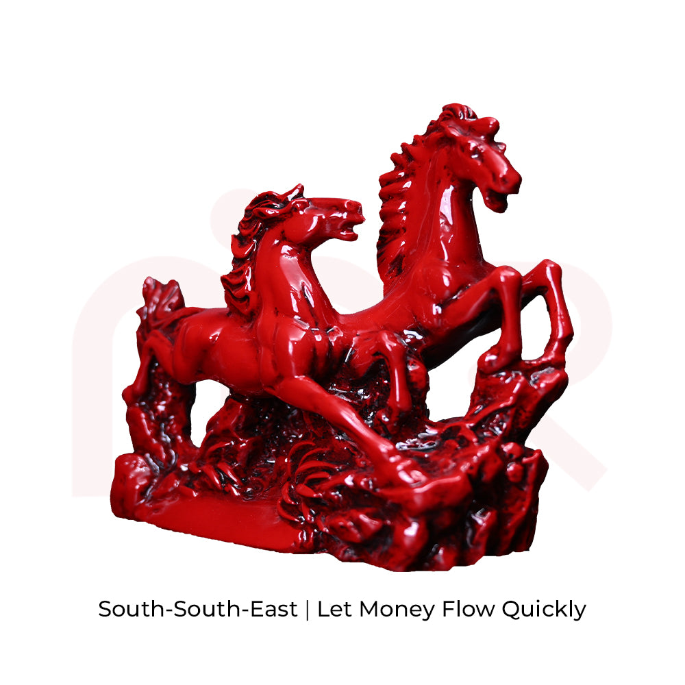 Red running horses Vastu remedy statue, symbolizing prosperity and good fortune for home