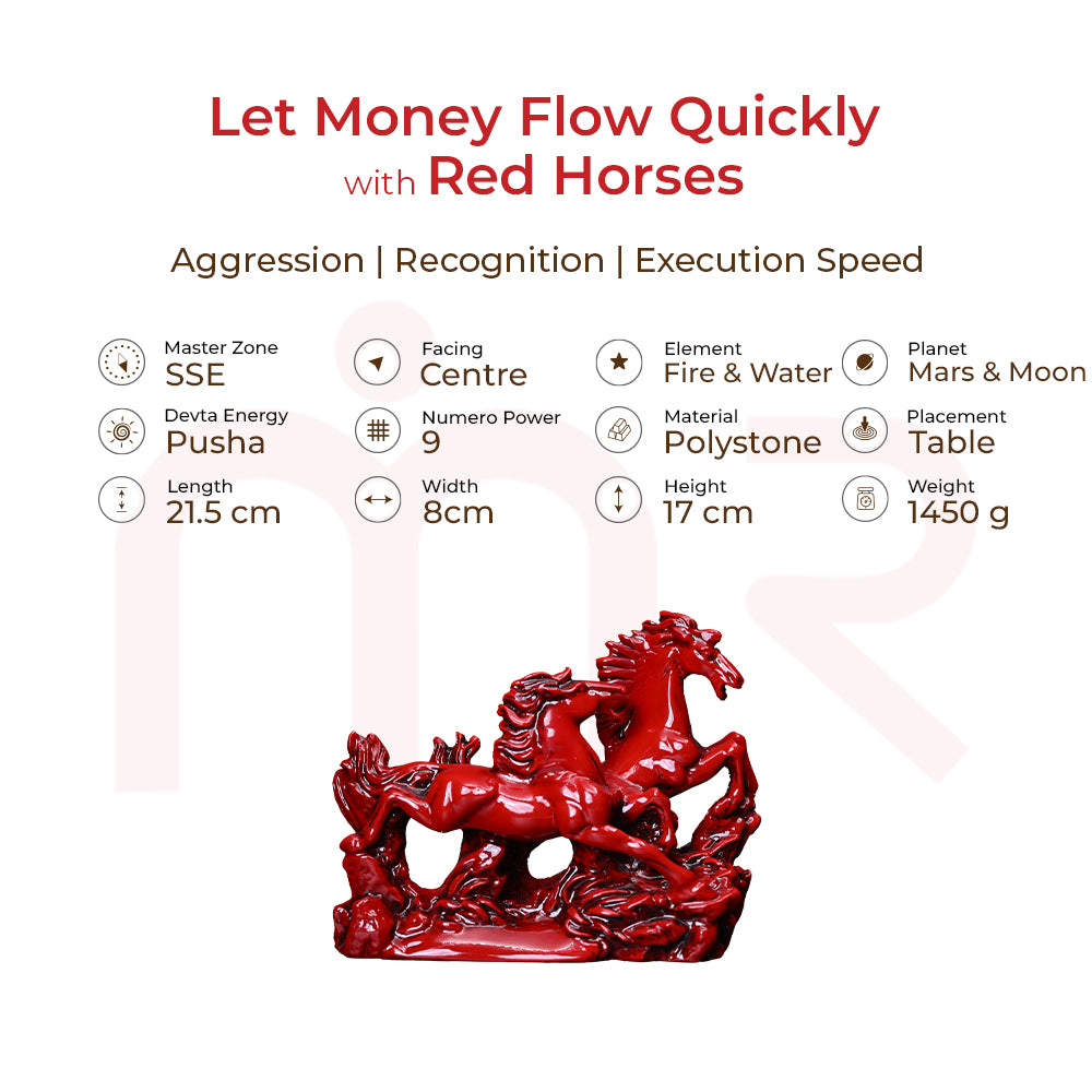 Red running horses Vastu remedy polystone statue for table decor, brings money flow, aggression, recognition.