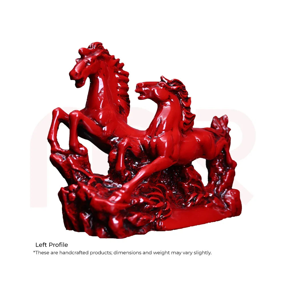Red Vastu remedy running horses figurine, two horses galloping on decorative base