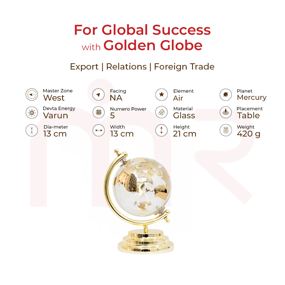 Golden glass globe on a stand, Vastu remedy for success, export, relations, and trade