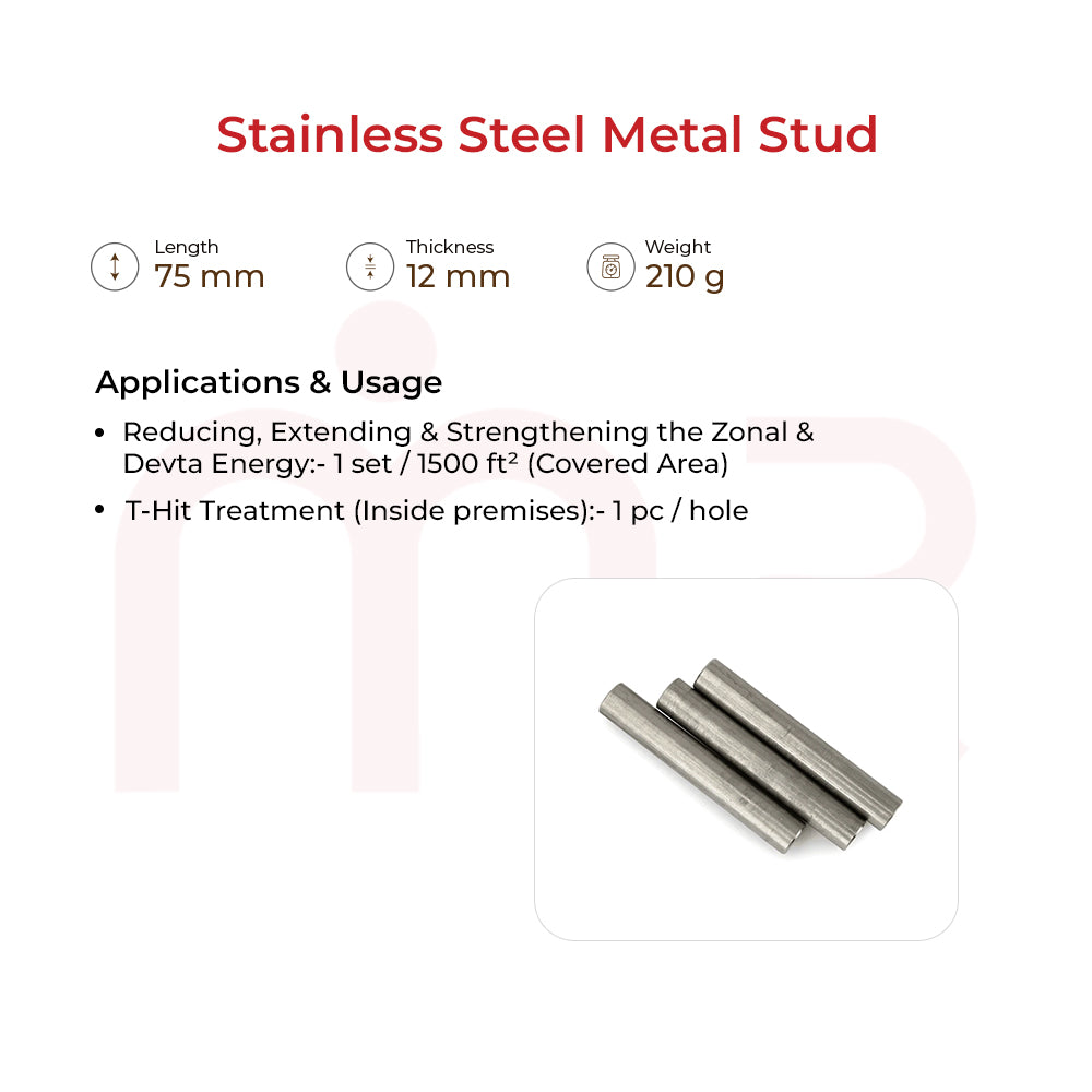 Stainless steel vastu remedy rods for MahaVastu energy correction, 75mm length, 12mm thick.