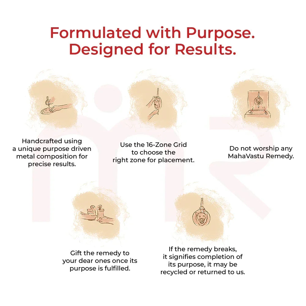 MahaVastu remedy placement and care guide with illustrations and usage tips for Vastu products