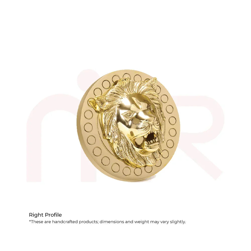 Golden lion head metal Vastu remedy, circular decorative wall plate for positive energy