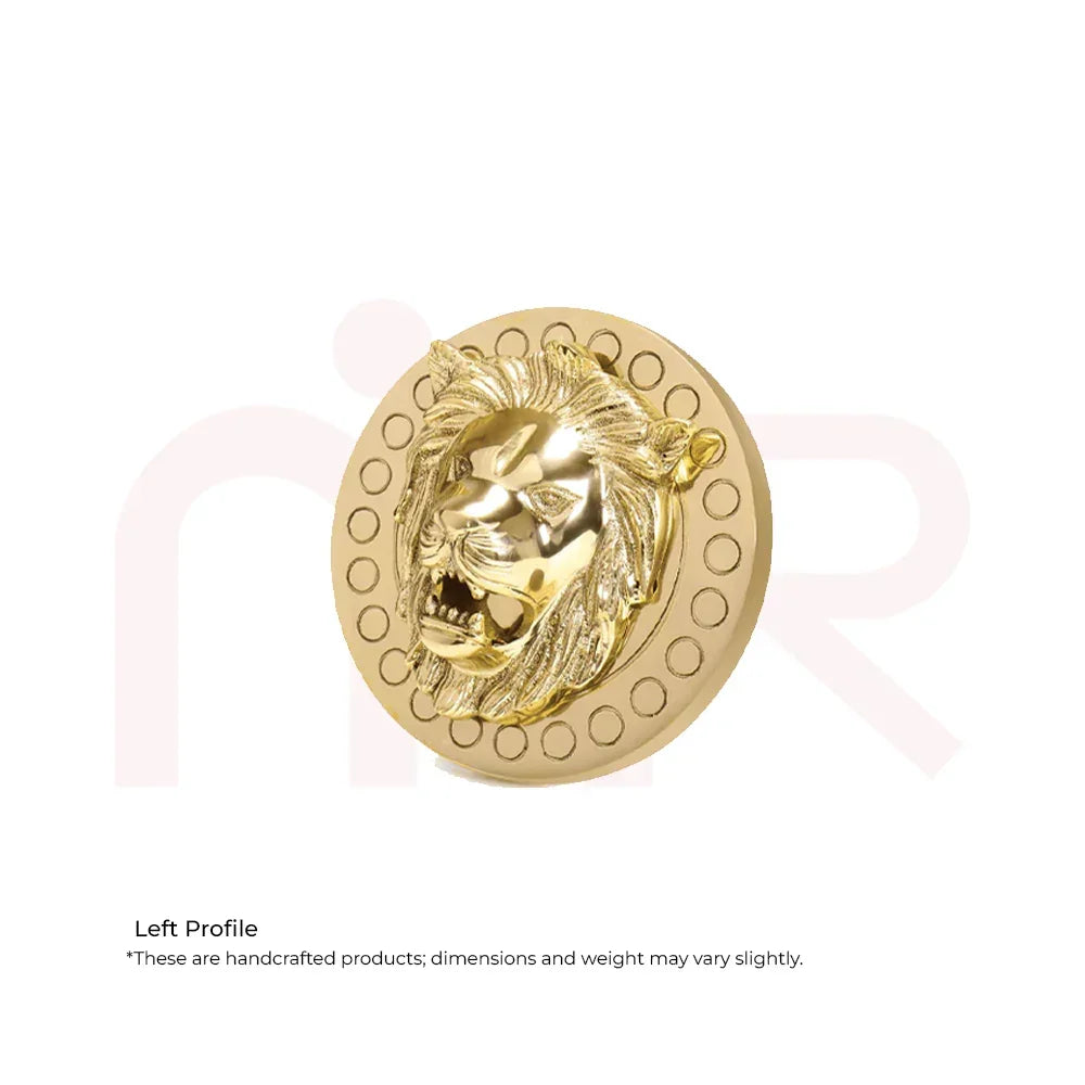 Golden lion head metal vastu remedy for positive energy, handcrafted on circular base