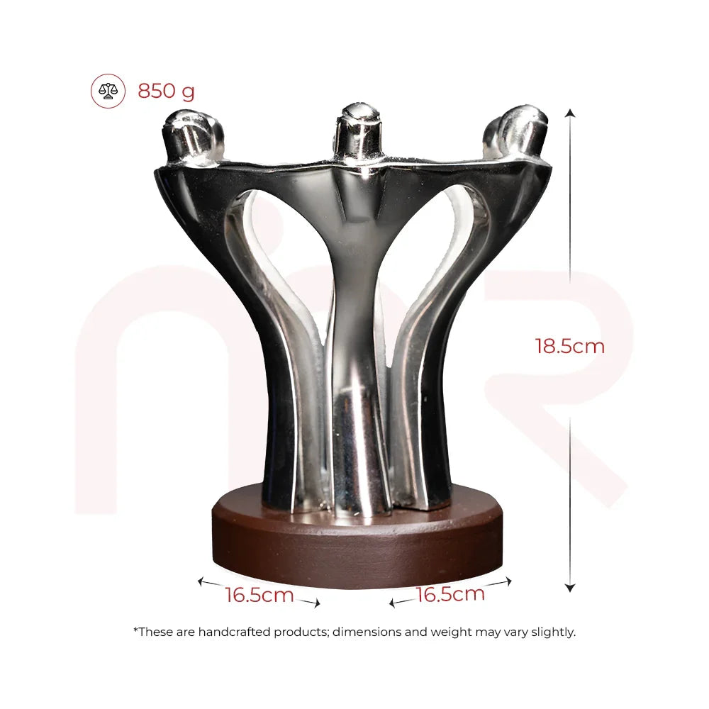 Silver MahaVastu teamwork idol, handcrafted, 18.5cm tall, 16.5cm wide, 850g on brown base