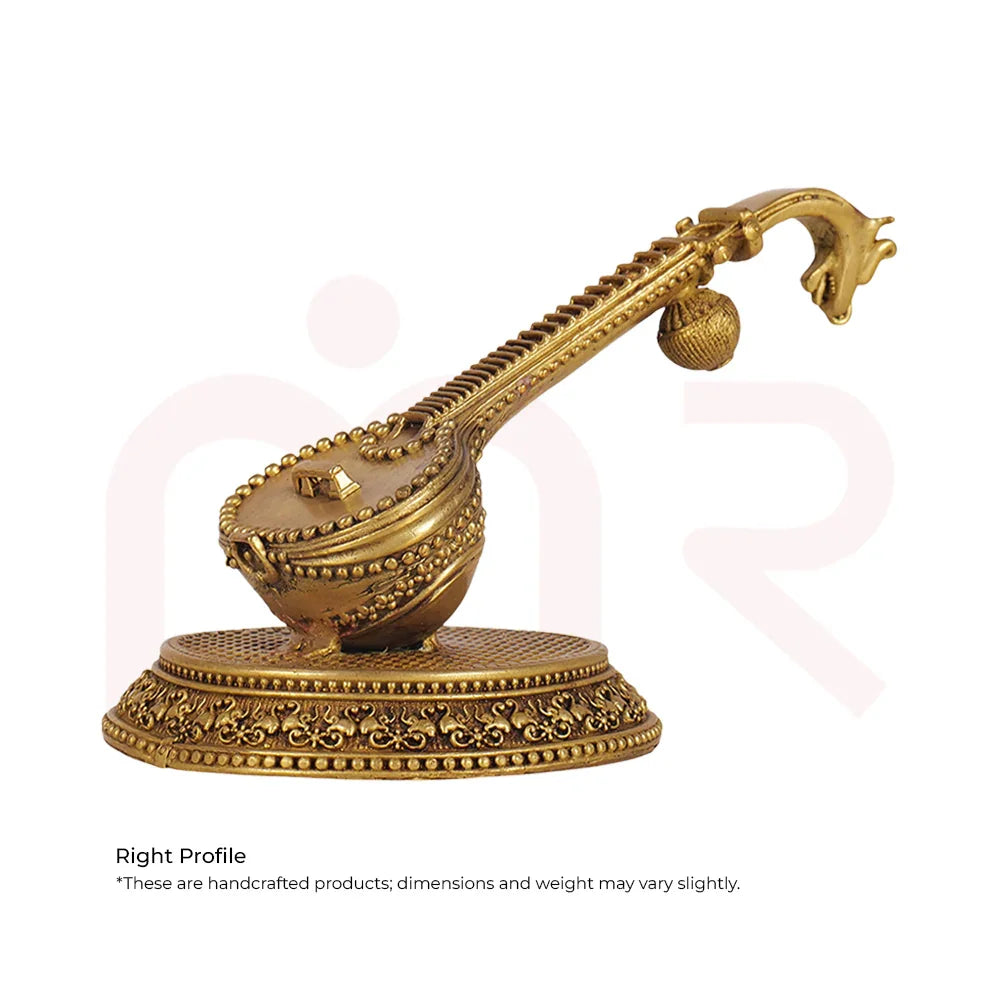 Handcrafted brass veena idol on ornate base, MahaVastu remedy for positivity and prosperity