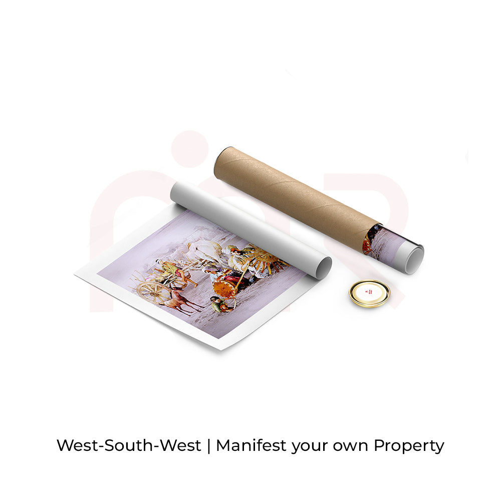 MahaVastu Vastu painting of vibrant village scene with horse cart, unrolled beside packaging tube