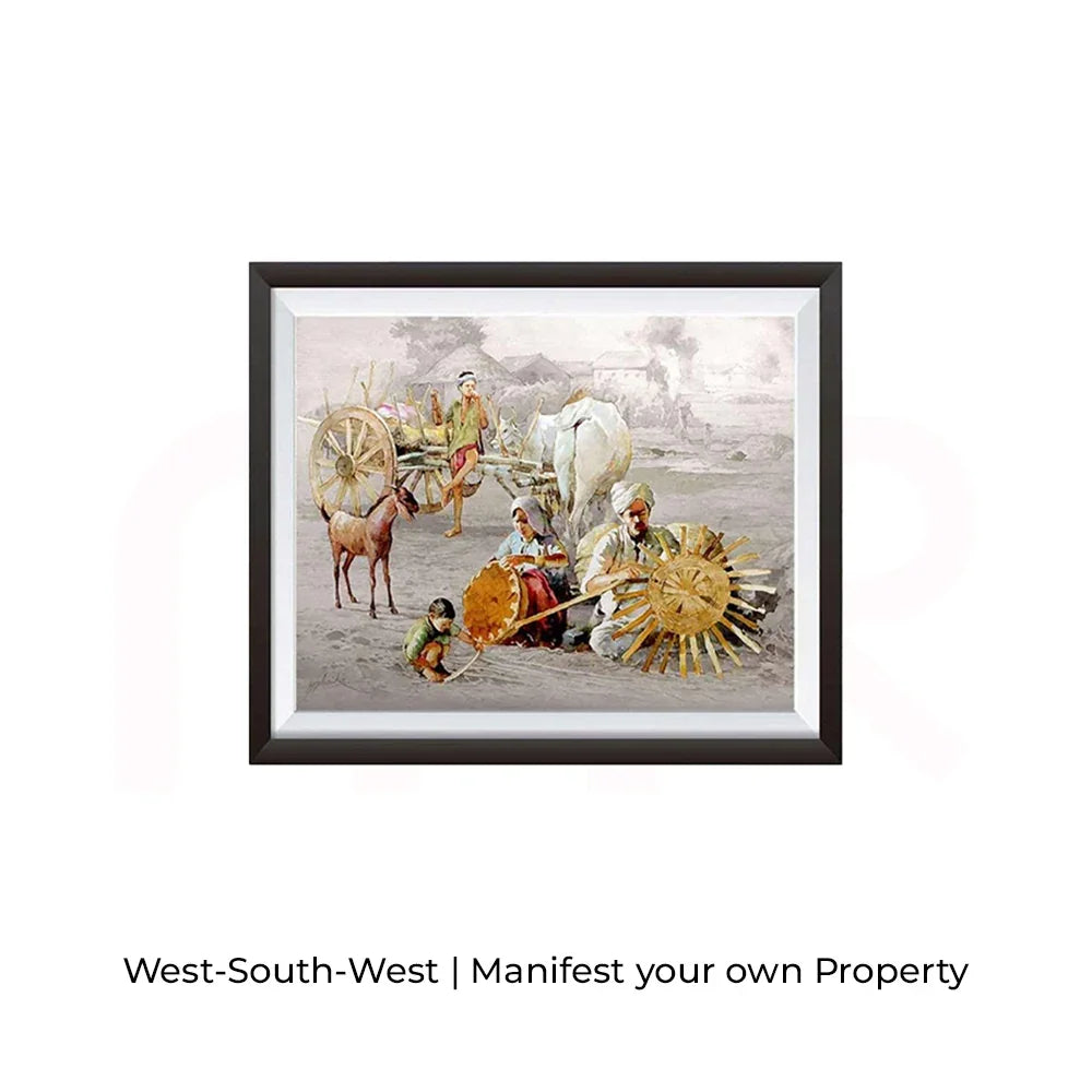 Acrylic Vastu village scene painting with villagers, ox cart, and goat, promoting MahaVastu balance.