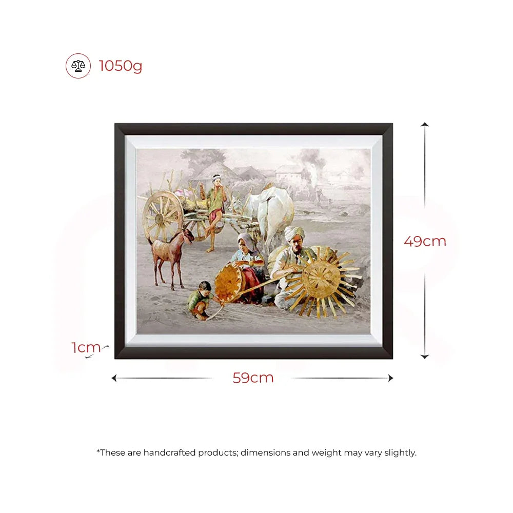 Framed acrylic Vastu village scene painting with bullock cart, villagers, goat, and wheel, 59x49cm