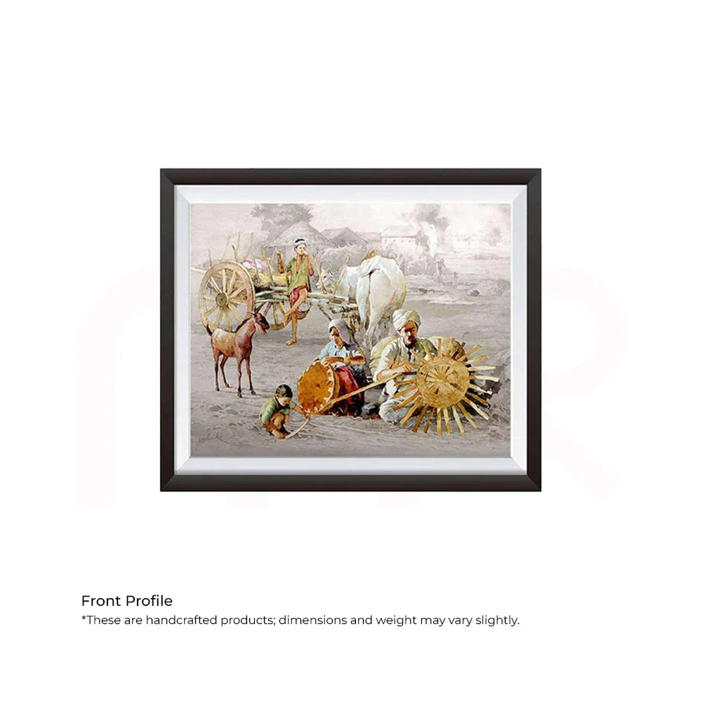 Framed Vastu painting of a rural Indian village scene with bullock cart, villagers, and goat