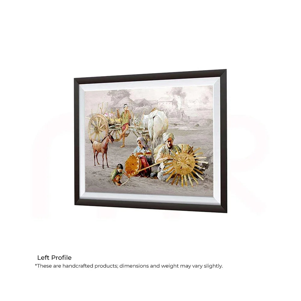 Framed acrylic painting of a rural Indian village scene with villagers, ox cart, and animals, MahaVastu decor.