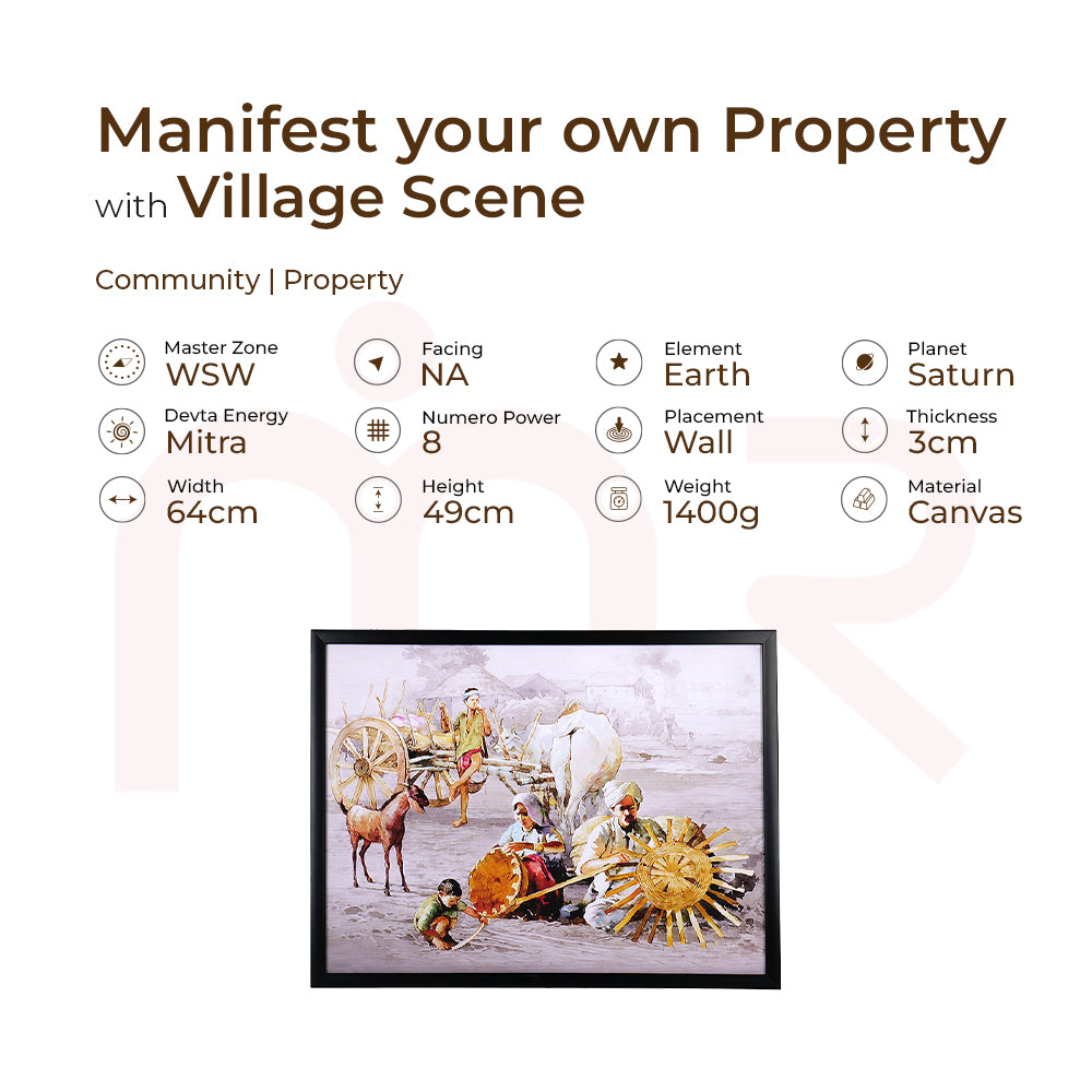 Village scene canvas painting with villagers, oxen, and carts for MahaVastu remedies, property prosperity