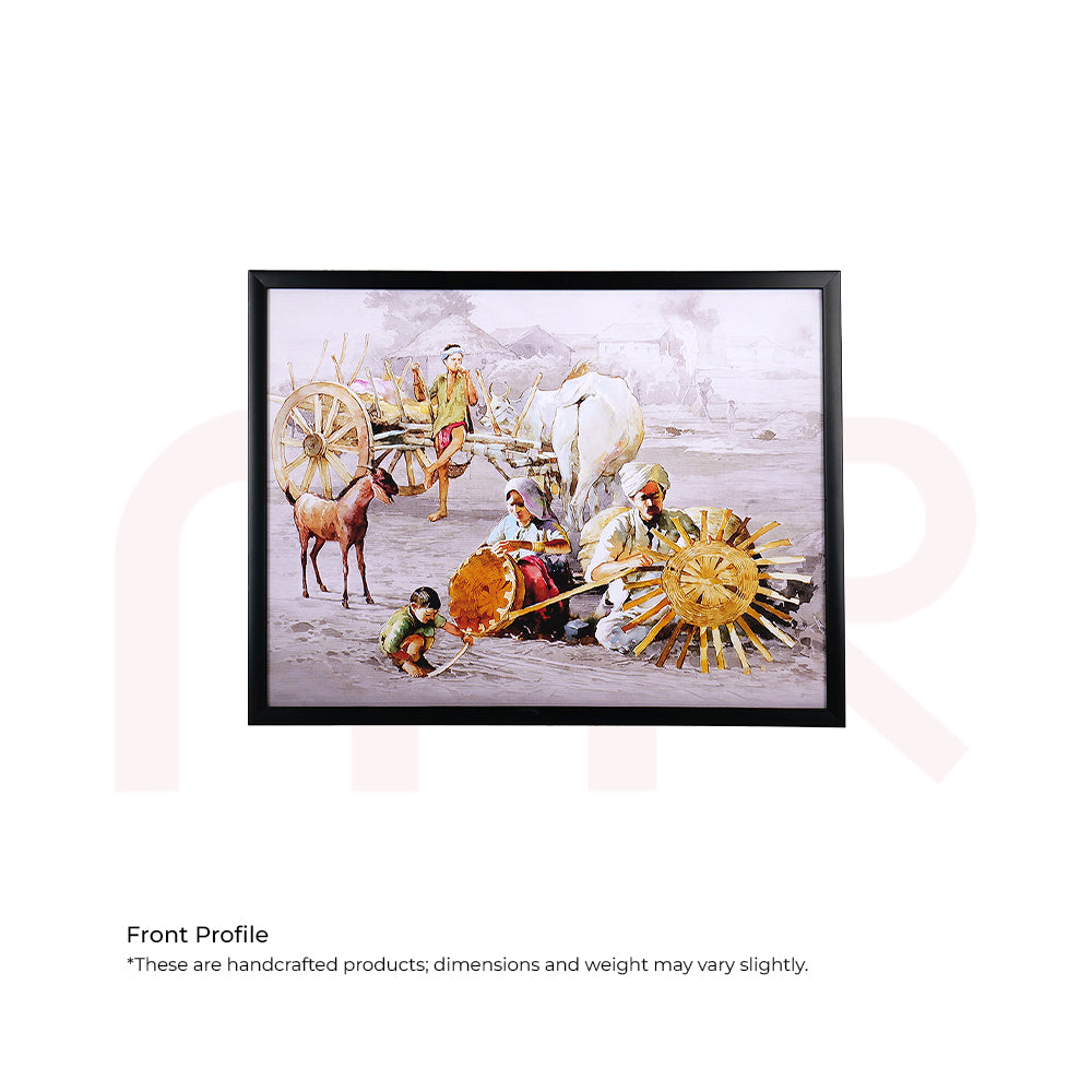 Framed canvas painting of Indian village scene with people, bullock cart, and animals, MahaVastu decor.