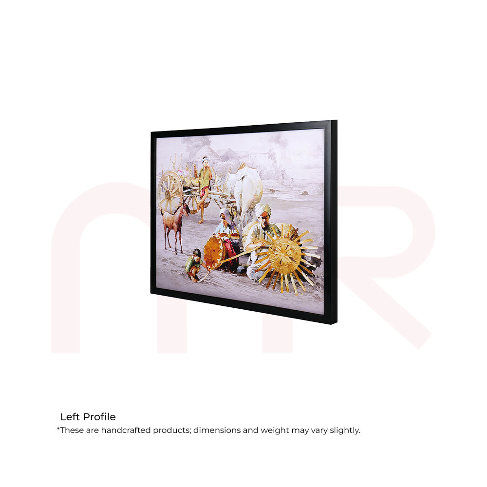 Framed canvas painting of rural Indian village scene with ox carts, villagers, and earthy tones