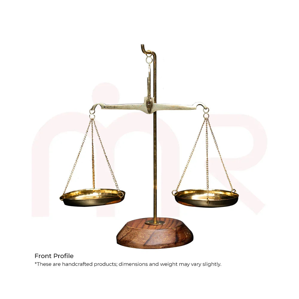 Handcrafted brass weighing scale with wood base, MahaVastu Vastu remedy accessory