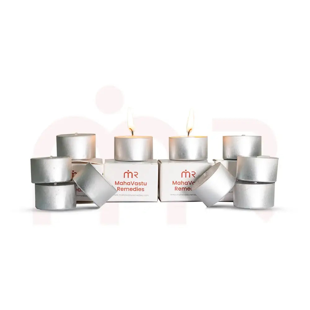 MahaVastu Remedies tea-light candles for diffusers with two lit candles on branded boxes